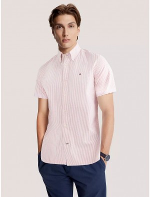 Tommy Hilfiger Regular Fit Oxford Stripe Short-Sleeve Shirt Shirts Light Pink | 1705-DHATX