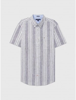 Tommy Hilfiger Regular Fit Stripe Linen and Cotton Shirt Tops Carbon Navy | 4603-NJLUA
