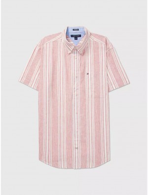 Tommy Hilfiger Regular Fit Stripe Linen and Cotton Shirt Tops Red Fascination | 7269-HAUCT