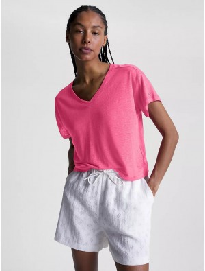 Tommy Hilfiger Relaxed Fit Linen V-Neck T-Shirt T-Shirts & Polos Bright Cerise Pink | 2638-YGDVI