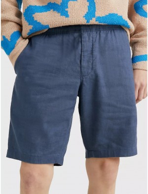 Tommy Hilfiger Relaxed Fit Solid Linen Short Pants & Shorts Aegean Sea | 8679-QZDJH