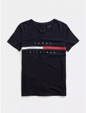 Tommy Hilfiger Seated Fit Stripe Signature T-Shirt Tops Navy | 5962-RJZLU