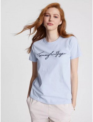 Tommy Hilfiger Signature Crewneck T-Shirt T-Shirts & Polos Breezy Blue | 8014-MEDZY