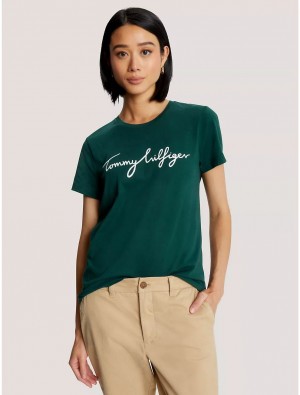 Tommy Hilfiger Signature Crewneck T-Shirt T-Shirts & Polos Hunter | 6345-ZBSMC