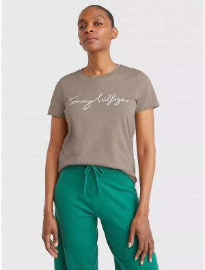 Tommy Hilfiger Signature Crewneck T-Shirt T-Shirts & Polos Khaki Sand | 1835-DWTCG