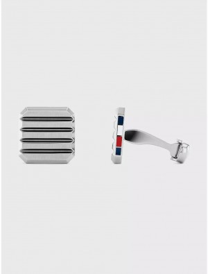 Tommy Hilfiger Silver-Tone Stripe Cufflinks Jewelry Silver | 1892-GFTVI