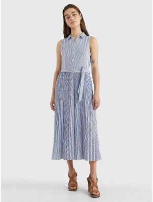 Tommy Hilfiger Sleeveless Pleated Shirtdress Dresses & Skirts Ithaca Stripe / Blue | 5078-QCGDL