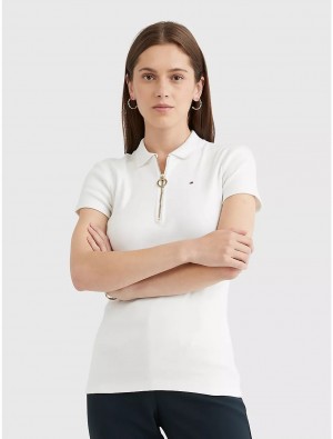 Tommy Hilfiger Slim Fit Essential Zip Polo T-Shirts & Polos Milky Way | 0672-ZFXJS