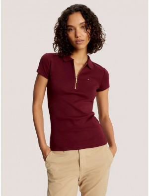 Tommy Hilfiger Slim Fit Essential Zip Polo T-Shirts & Polos Deep Rouge | 0895-CFIHG