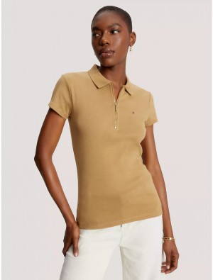 Tommy Hilfiger Slim Fit Essential Zip Polo T-Shirts & Polos Pinecone Tan | 0276-PZSNQ