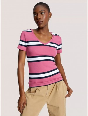 Tommy Hilfiger Slim Fit Favorite Stripe V-Neck T-Shirt T-Shirts & Polos Florida Coral Multi | 1203-LBWKY