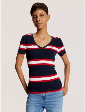 Tommy Hilfiger Slim Fit Favorite Stripe V-Neck T-Shirt T-Shirts & Polos Desert Sky Multi | 3874-UBDXG