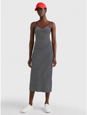 Tommy Hilfiger Slim Fit Ribbed Stripe Dress Dresses & Skirts Mini Stp Desert Sky/ Ecru | 7310-FRBMD