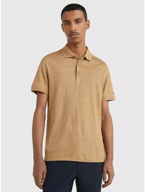 Tommy Hilfiger Slim Fit Solid Linen Polo Polos Countryside Khaki | 6358-BEMVN