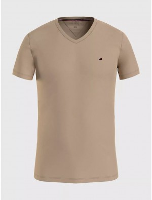 Tommy Hilfiger Slim Fit Solid V-Neck T-Shirt T-Shirts Clayed Pebble | 6235-FEQRU