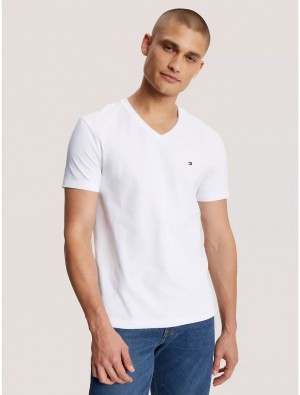 Tommy Hilfiger Slim Fit Solid V-Neck T-Shirt T-Shirts Optic White TH | 2876-AQWZC