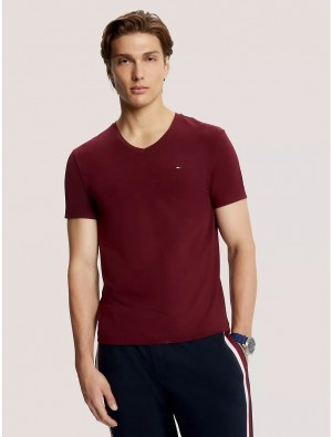Tommy Hilfiger Slim Fit Solid V-Neck T-Shirt T-Shirts Deep Rouge | 3598-KRYWP