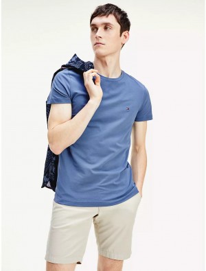 Tommy Hilfiger Slim Fit Stretch Cotton T-Shirt Tops Bank Blue | 3691-VIKPS