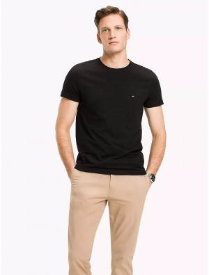 Tommy Hilfiger Slim Fit Stretch Cotton T-Shirt T-Shirts Flag Black | 9718-YPRFO