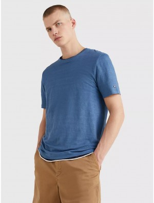 Tommy Hilfiger Solid Linen T-Shirt T-Shirts Blue Coast | 0126-XDECH