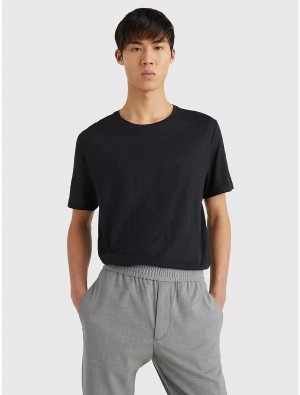 Tommy Hilfiger Solid Linen T-Shirt T-Shirts Black | 7019-LRCWF