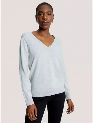 Tommy Hilfiger Solid V-Neck Sweater Sweaters Grey Heather | 2063-YQWCU