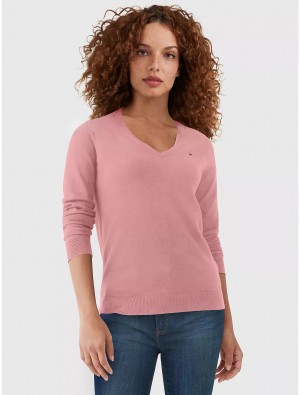 Tommy Hilfiger Solid V-Neck Sweater Sweaters Glacier Pink | 2047-AKQHC