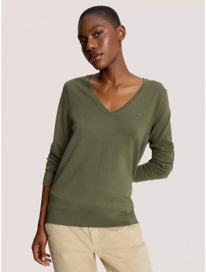 Tommy Hilfiger Solid V-Neck Sweater Sweaters Army Green | 1352-CVWIQ