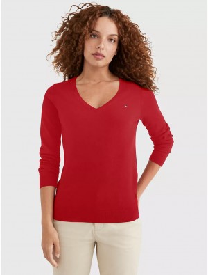 Tommy Hilfiger Solid V-Neck Sweater Sweaters Primary Red | 1475-QANZS