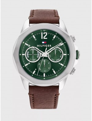 Tommy Hilfiger Sport Watch with Brown Leather Strap Watches Green | 9476-NLOSZ