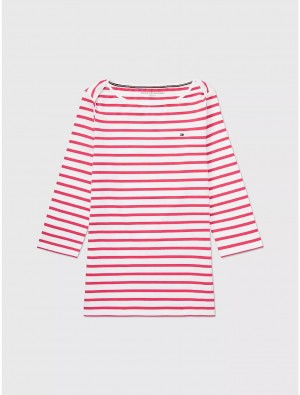 Tommy Hilfiger Stripe Boatneck T-Shirt Tops Pink Splendor Multi | 8615-PTXSM