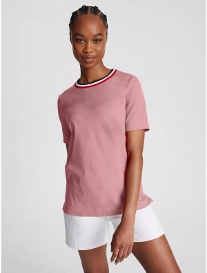 Tommy Hilfiger Stripe Collar Crewneck T-Shirt T-Shirts & Polos Soothing Pink | 7601-EHLBS