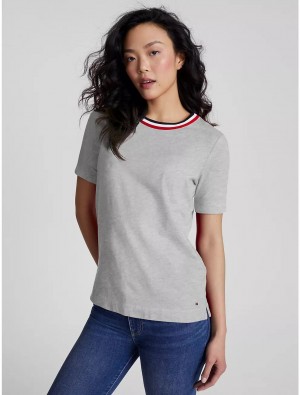 Tommy Hilfiger Stripe Collar Crewneck T-Shirt T-Shirts & Polos Grey Heather | 2095-MJSGU