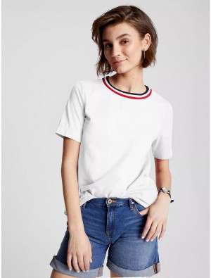 Tommy Hilfiger Stripe Collar Crewneck T-Shirt T-Shirts & Polos Fresh White | 1462-DOUQL