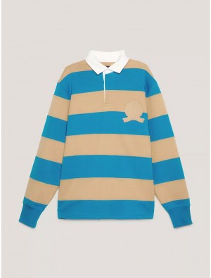 Tommy Hilfiger Stripe Crest Rugby Shirts Sandy Beige/Cerulean Aqua | 8573-ROIXC