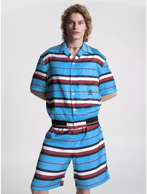 Tommy Hilfiger Stripe Monogram Camp Collar Shirt Shirts Iconic Blue | 3458-CUWHG