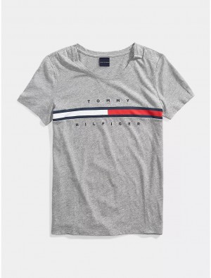 Tommy Hilfiger Stripe Signature T-Shirt Tops Grey Heather | 4097-JSQHT