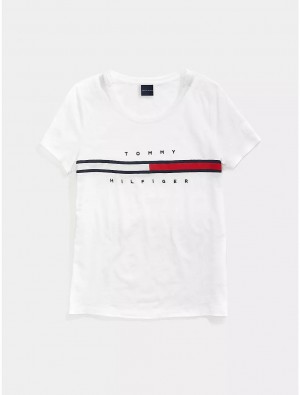 Tommy Hilfiger Stripe Signature T-Shirt Tops Bright White | 8953-FJYTD