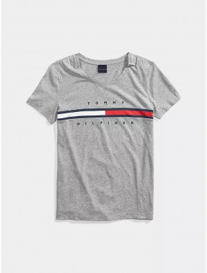 Tommy Hilfiger Stripe Signature T-Shirt Tops BC07 Grey Heather | 2748-VQHCK