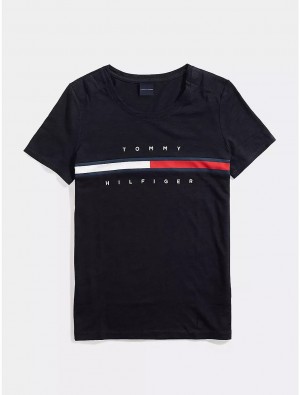 Tommy Hilfiger Stripe Signature T-Shirt Tops Navy | 3709-VPOHR
