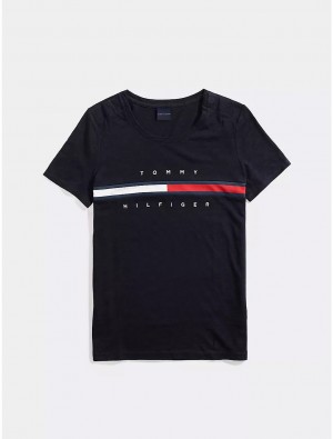 Tommy Hilfiger Stripe Signature T-Shirt Tops Sky Captain | 8906-TEBDV
