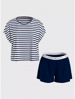 Tommy Hilfiger Stripe T-Shirt and Short Sleep Set Sleepwear Navy Breton Stripes / Desert Sky | 4325-ANBGL