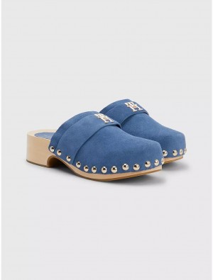 Tommy Hilfiger Suede Logo Clog Shoes Blue Coast | 4069-UCXWI