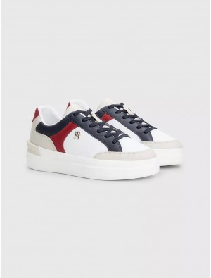 Tommy Hilfiger TH Logo Colorblock Leather Sneaker Shoes Space Blue | 3581-JPGIX