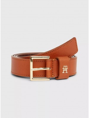 Tommy Hilfiger TH Logo Leather Belt Belts Natural Cognac | 5367-MAWUF