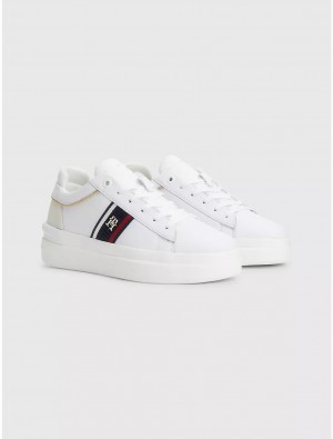 Tommy Hilfiger TH Logo Stripe Leather Sneaker Shoes White | 0562-ZCDHY