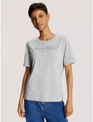 Tommy Hilfiger Tommy Script Logo T-Shirt T-Shirts & Polos Grey Heather | 2358-DEQTZ