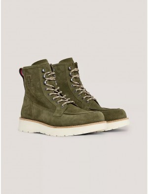 Tommy Hilfiger Tonal TH Logo Suede Boot Shoes Army Green | 9571-JOIDK