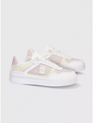 Tommy Hilfiger Woven Panel Sneaker Shoes White/Pink Daisy | 3249-BZLDA