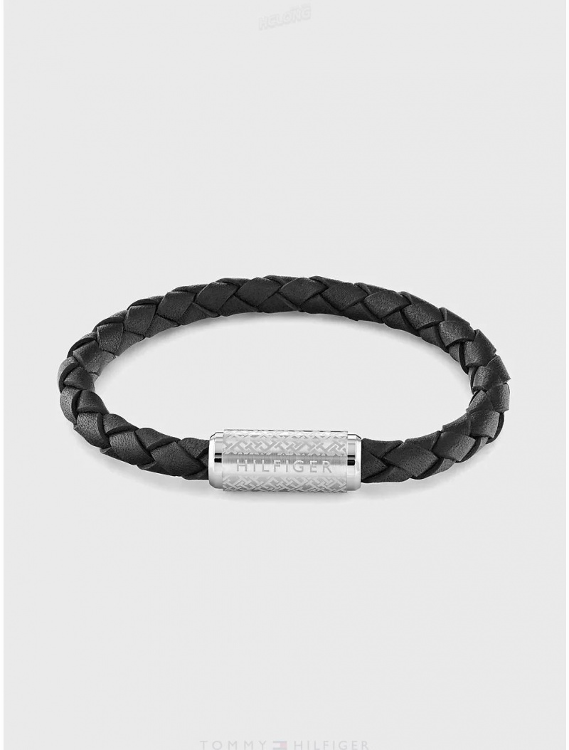 Tommy Hilfiger Adjustable Braided Black Leather Bracelet Jewelry Black | 5461-DHECI